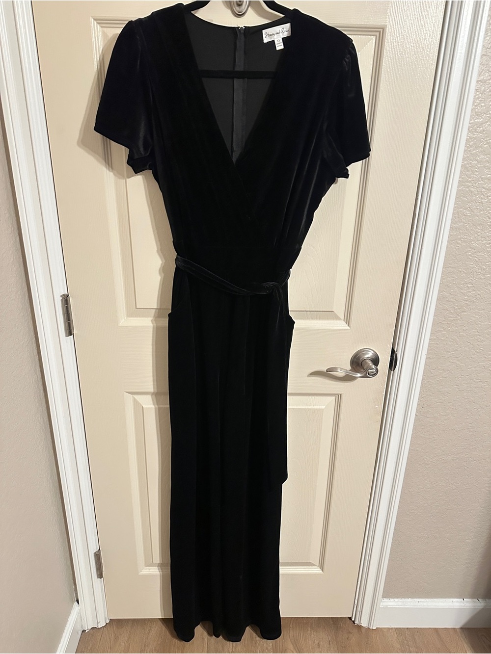 Honey and Rosie Velvet Short Sleeve Wrap Front w Tie Waist Jumpsuit, Black, 13